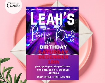 Party Bus Invitation, Birthday Party Bus Invite, Limo Girls Night Birthday Invitation, Party Bus Birthday Invitation, Bus Invitation