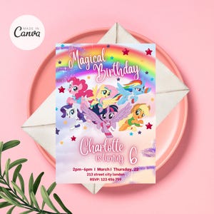 Invitation d'anniversaire mon petit poney, petite invitation de fête de poney, invitation de poney, poney de licorne arc-en-ciel imprimable