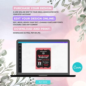 May include: A laptop screen shows a red and white checked invitation for a backyard barbecue, with the text "Backyard Barbecue!" and event details. The screen also displays instructions: "Purchase Your Design", "Edit Your Design Online", and "Download and Print".