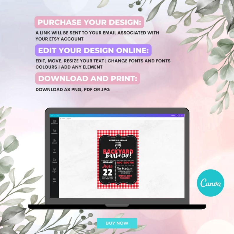 May include: A laptop screen shows a red and white checked invitation for a backyard barbecue, with the text "Backyard Barbecue!" and event details. The screen also displays instructions: "Purchase Your Design", "Edit Your Design Online", and "Download and Print".