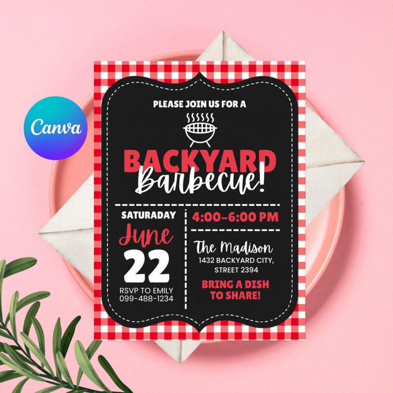 May include: A red and white gingham-patterned invitation for a backyard barbecue. The invitation features a black border with the words "BACKYARD Barbecue!" in red and white. The date is June 22, and the time is 4:00-6:00 PM. RSVP to Emily.