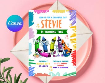 Invitación de cumpleaños con temática de crayones editable, invitación para fiesta de arte con crayones, invitación para fiesta preescolar, invitación para jardín de infantes en formato PDF.
