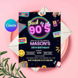 90s Theme Party Invitation: Retro Printable Invite (Digital File), 80&#39;s Throwback party