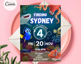 Invitación de Buscando a Dory, Invitación digital de Buscando a Nemo, Invitación de cumpleaños de Dory, Fiesta de cumpleaños de Buscando a Dory, Cumpleaños de Nemo