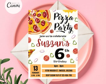 Puede incluir: Una invitación colorida para una fiesta de pizza para celebrar el sexto cumpleaños de Suzzan. La invitación presenta una pizza de dibujos animados con pepperoni, queso y pimientos verdes. El texto de la invitación dice "Pizza Party", "Únete a nosotros para celebrar el sexto cumpleaños de Suzzan", "13 de febrero, 4 PM - 6 PM", "6pm - 8pm", "9758 Maiden St. Owosso, Arizona", y "RSVP Susan Fluf al 123-456-789".