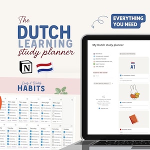 Puede incluir: Un portátil muestra un planificador de estudios holandés con el texto "The Dutch Learning Study Planner". La imagen incluye un calendario y recursos de estudio. La imagen incluye una ilustración floral y el texto "Everything You Need."