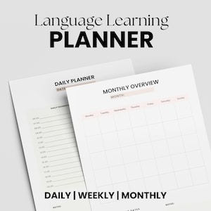 Puede incluir: Un planificador de aprendizaje de idiomas imprimible con secciones para la planificación diaria, semanal y mensual. El planificador incluye un horario diario, una descripción general mensual y espacio para notas.