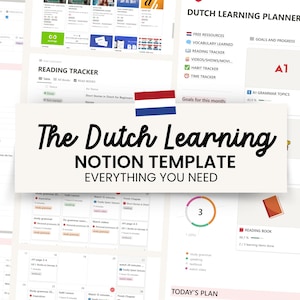May include: A digital planner template for learning Dutch using the Notion app. The template includes sections for tracking vocabulary, reading, videos, habits, time, goals, and progress. The template also includes a calendar view and a section for today's plan. The template is designed to help learners stay organised and on track with their Dutch learning journey.