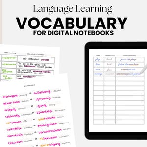 Puede incluir: Dos páginas de cuaderno digital con listas de vocabulario escritas a mano en holandés y francés. La página holandesa incluye palabras como "vervoer", "dierenarts", "afscheid nemen" y "het scherm". La página francesa incluye palabras como "plage", "fure", "verre" y "montagne".