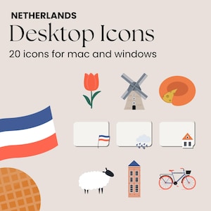 Puede incluir: Un conjunto de 20 iconos de escritorio con ilustraciones de la cultura holandesa, incluyendo molinos de viento, tulipanes, queso, gofres, bicicletas y casas. Los iconos están diseñados para los sistemas operativos Mac y Windows.
