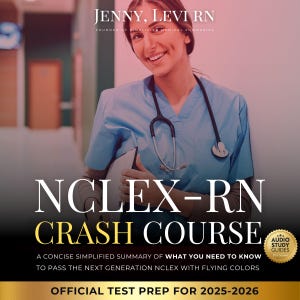Könnte beinhalten: Das Bild zeigt eine lächelnde Frau in blauer Arbeitskleidung mit Stethoskop, die ein Tablet hält. Der Text lautet "NCLEX-RN CRASH COURSE" mit "OFFICIAL TEST PREP FOR 2025-2026". Enthält ein "AUDIO STUDY GUIDES"-Abzeichen.