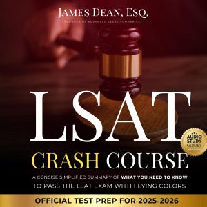May include: A red and gold gavel with the text "LSAT Crash Course" in white letters. The text below reads "A concise simplified summary of what you need to know to pass the LSAT exam with flying colors. Official test prep for 2025-2026".