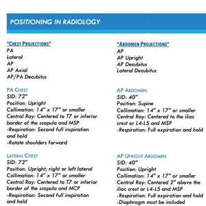 Puede incluir: Un diagrama en blanco y negro que muestra el posicionamiento correcto para las radiografías de tórax, abdomen y pulgar. El diagrama incluye etiquetas para cada posición, como PA Tórax, Tórax Lateral, AP Abdomen y AP Abdomen de pie. El diagrama también incluye instrucciones para cada posición, como la distancia desde la fuente de rayos X hasta el paciente, la posición del paciente y la dirección del haz de rayos X.