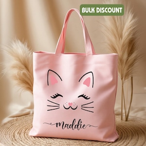 Personalized Cat Tote Bag, Cute Kitty Canvas Bag, Custom Name Tote, Gift for Cat Lovers, Weekender Canvas Tote Bag, Kawaii Cat Face Bag