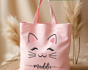 Personalized Cat Tote Bag, Cute Kitty Canvas Bag, Custom Name Tote, Gift for Cat Lovers, Weekender Canvas Tote Bag, Kawaii Cat Face Bag