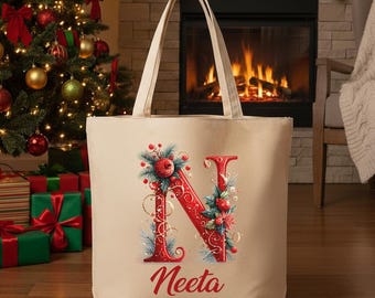 Custom Christmas Initial Tote, Personalized Name Bag, Poinsettia Monogram Gift, Custom Holiday Shopper for Her, Floral Xmas Tote