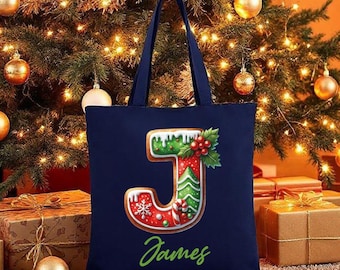 Christmas Cookie Tote Bag, Personalized Name Gift, Custom Gingerbread Initial, Holiday Baking Present, Xmas Monogram Shopper for Her