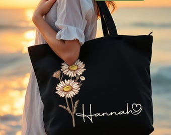 Personalized Birth Flower Tote Bag, Floral Zippered Tote, Tote Bag With Pocket, Shoulder Tote, Mothers Day Gifts, Wild Flower Canvas Bag