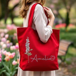 Personalized Birth Flower Tote Bag, Floral Zippered Tote, Tote Bag With Pocket, Shoulder Tote, Mothers Day Gifts, Wild Flower Canvas Bag Red Bag