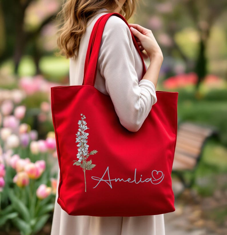 Personalized Birth Flower Tote Bag, Floral Zippered Tote, Tote Bag With Pocket, Shoulder Tote, Mothers Day Gifts, Wild Flower Canvas Bag Red Bag