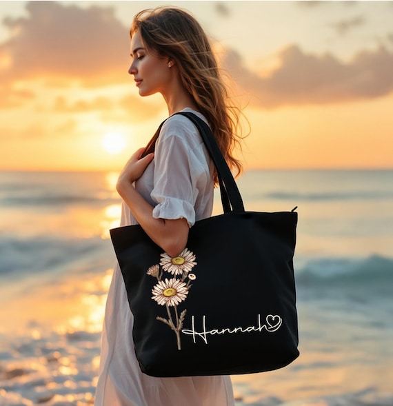 Personalized Birth Flower Tote Bag, Floral Zippered Tote, Tote Bag With Pocket, Shoulder Tote, Mothers Day Gifts, Wild Flower Canvas Bag