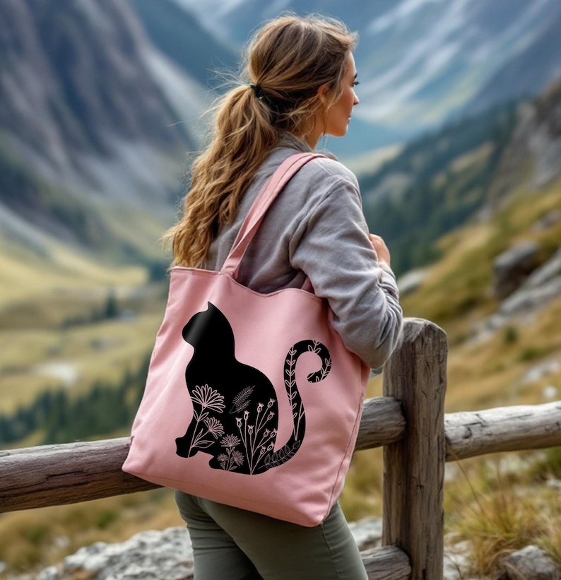 Floral Cat Zippered Tote Bag with Pocket, Cat Mom Canvas Bag, Canvas Tote Bag, Gifts for Women, Weekender Tote Bag, Mothers Day Gifts Light Pink Bag
