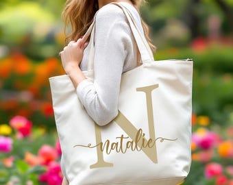 Initial Canvas Tote Bag, Zippered Tote Bag With Pocket, Personalized Shoulder Bag, Custom Name Tote Bag, Mothers Day Gifts, Gifts for Women