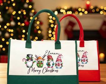 Personalized Christmas Gnome Tote Bag Custom Name Holiday Gift, Reusable Festive Canvas Shopping Bag, Merry Christmas Gnome Lover Present