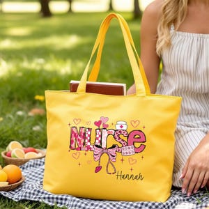 Personalized Nurse Canvas Bag, Bag with Zipper, Nurse Student Gift, Custom Name Nurse Tote, Tote with Inner Pocket, Medical Assistant Bag Yellow Bag