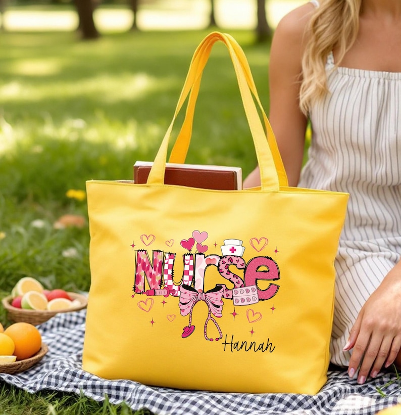 Personalized Nurse Canvas Bag, Bag with Zipper, Nurse Student Gift, Custom Name Nurse Tote, Tote with Inner Pocket, Medical Assistant Bag Yellow Bag
