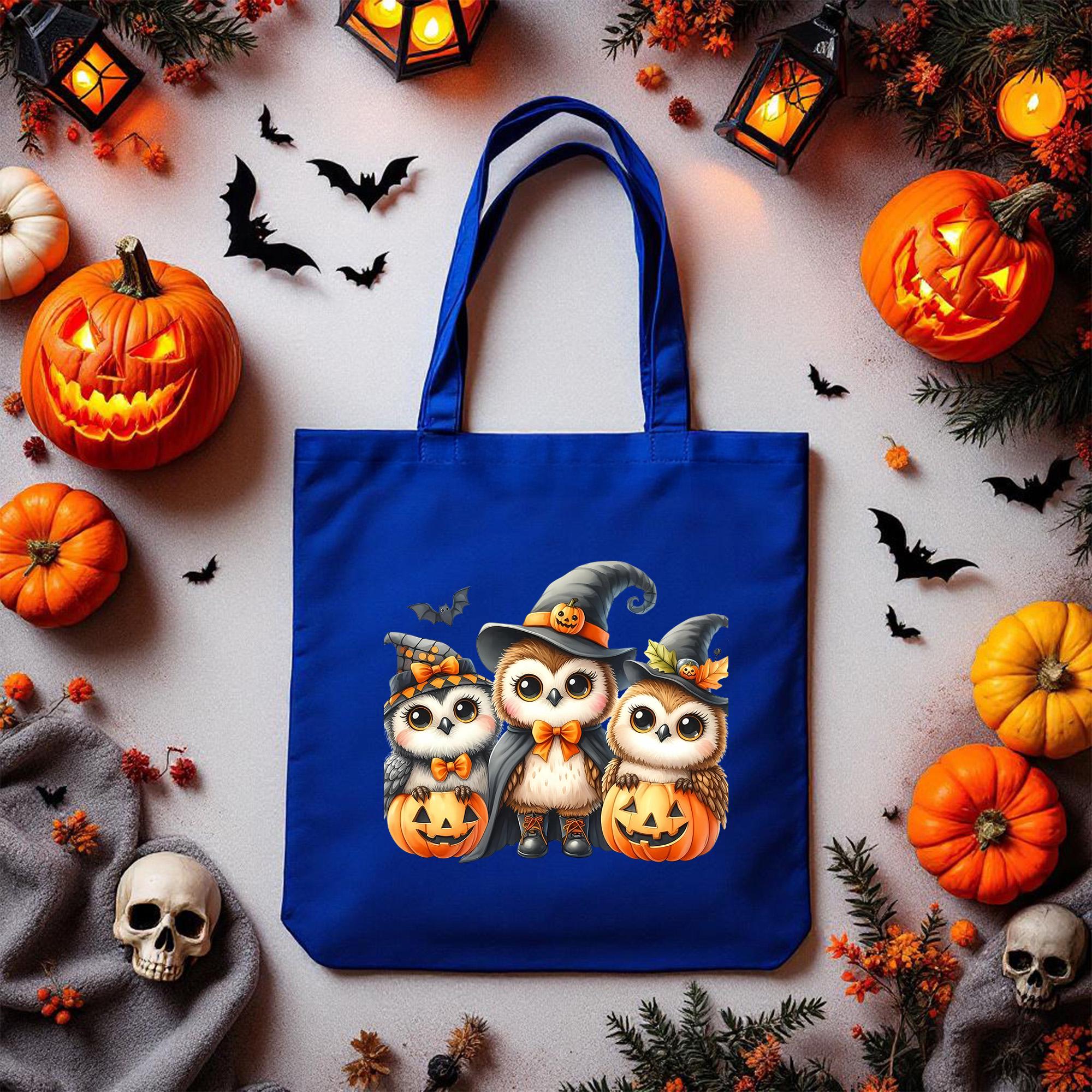 Cute Owl Halloween Tote, Spooky Witch Owl Trio Bag, Fall Market Tote, Trick or Treat Bag, Autumn Owl