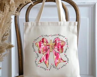 Valentines Day Tote Bag, Cotton Canvas Tote Bag, Gifts for Girlfriends, Christian Tote Bag, Religious Tote Bag, Valentine Pink Ribbon Bag