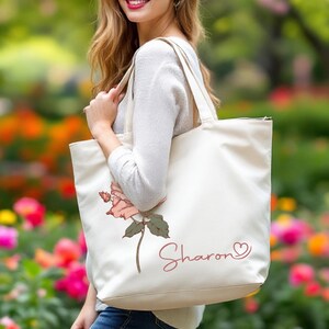 Personalized Birth Flower Tote Bag, Floral Zippered Tote, Tote Bag With Pocket, Shoulder Tote, Mothers Day Gifts, Wild Flower Canvas Bag Natural Bag