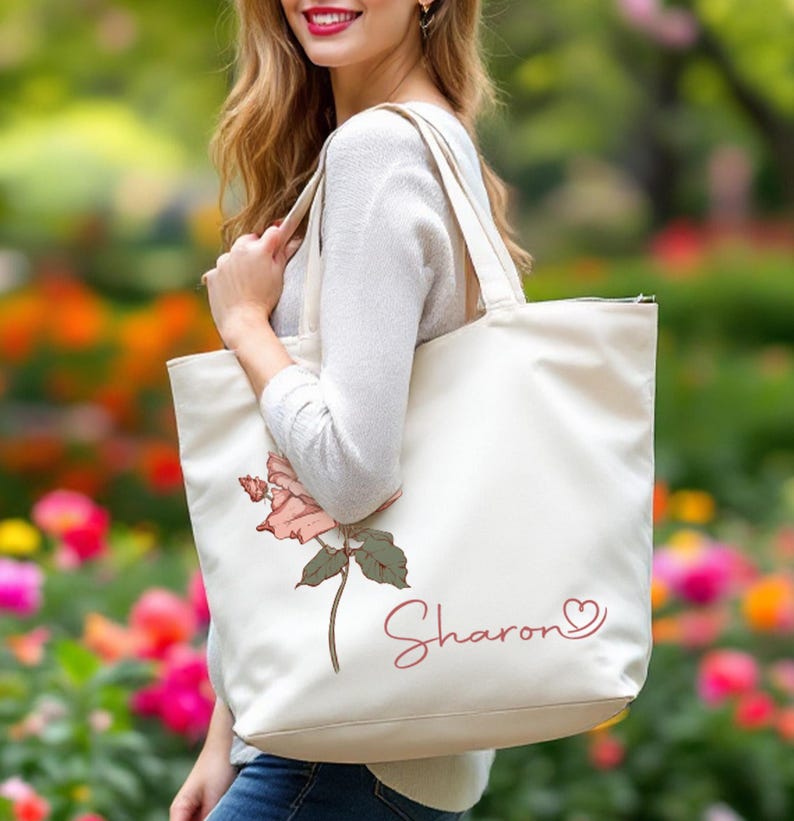 Personalized Birth Flower Tote Bag, Floral Zippered Tote, Tote Bag With Pocket, Shoulder Tote, Mothers Day Gifts, Wild Flower Canvas Bag Natural Bag