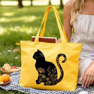 Floral Cat Zippered Tote Bag with Pocket, Cat Mom Canvas Bag, Canvas Tote Bag, Gifts for Women, Weekender Tote Bag, Mothers Day Gifts Yellow Bag
