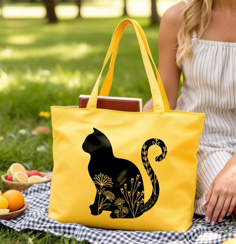 Floral Cat Zippered Tote Bag with Pocket, Cat Mom Canvas Bag, Canvas Tote Bag, Gifts for Women, Weekender Tote Bag, Mothers Day Gifts Yellow Bag