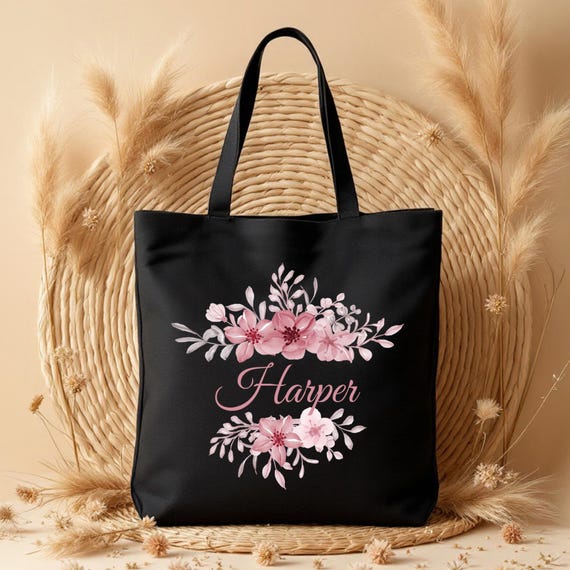 Custom Floral Tote Bag, Flower Design Canvas Bag, Personalized Name Tote, Gift for Mom, Weekender Canvas Tote Bag, Mothers Day Gifts