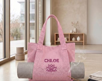 Personalized Minimalist Lotus Yoga Bag Custom Pilates Tote with Mat Holder Spiritual Gym Bag Zen Meditation Gift for Women Boho