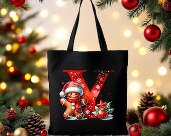 Gingerbread Man Initial Tote, Personalized Christmas Bag, Custom Xmas Cookie Gift, Holiday Shopping Tote, Monogram Letter Bag for Her