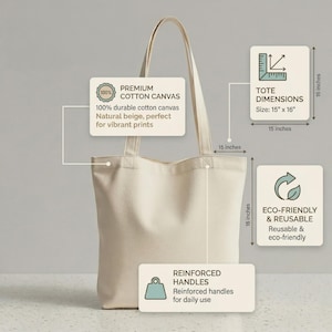 May include: A natural beige tote bag made of premium cotton canvas. The bag has reinforced handles and dimensions of 15 x 16 inches. The bag is eco-friendly and reusable.