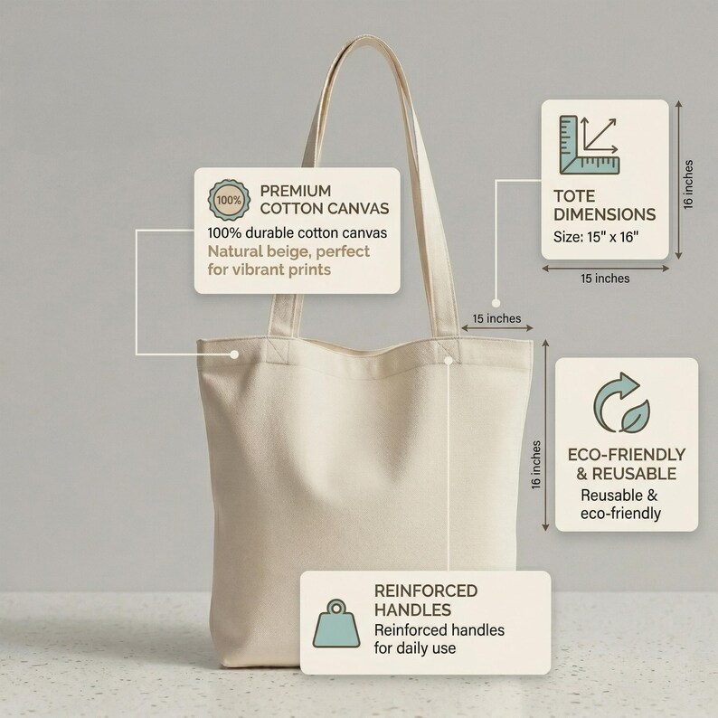 May include: A natural beige tote bag made of premium cotton canvas. The bag has reinforced handles and dimensions of 15 x 16 inches. The bag is eco-friendly and reusable.