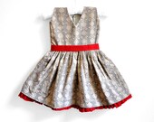Baby Girl Dress - Size 6- 12 months - Greyish Cream floral print with Red Belt - Baby Dress