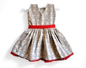 Baby Girl Dress - Size 6- 12 months - Greyish Cream floral print with Red Belt - Baby Dress