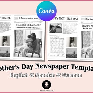 Plantilla de periódico editable para el Día de la Madre, regalo personalizado para el Día de la Madre, tarjeta imprimible para el Día de la Madre, inserto de flores (inglés y español)
