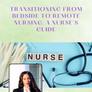 May include: A woman in a black blazer and white shirt is on a phone screen. The background is a blue surface with a stethoscope, white gloves, and wooden blocks spelling "NURSE".