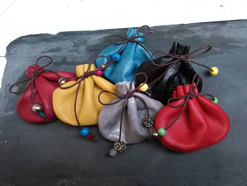 Leather Coin Purse With Bead Drawstring Drawstring Leather Etsy