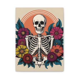 Floral Skeleton Canvas Art, Vibrant Wall Decor, Halloween, Day of the Dead, Home Decor, Vintage Style