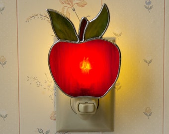 Teacher Gift Wall Plug In Stained Glass Green Apple With Worm Light Sensor Rotating Swivel Nightlight Night Light Kitchen Bedroom Decor