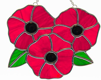 Stained Glass Red Poppy Trio Suncatcher, Floral Artisan Glass Home Decor, New Home Housewarming Gift for Her, Glass Flower