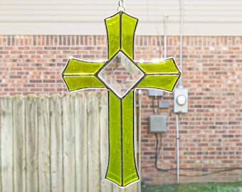 Stained Glass Lime Green Cross Suncatcher, Christian Gift, Handmade Window Hangings, New House Home Decor